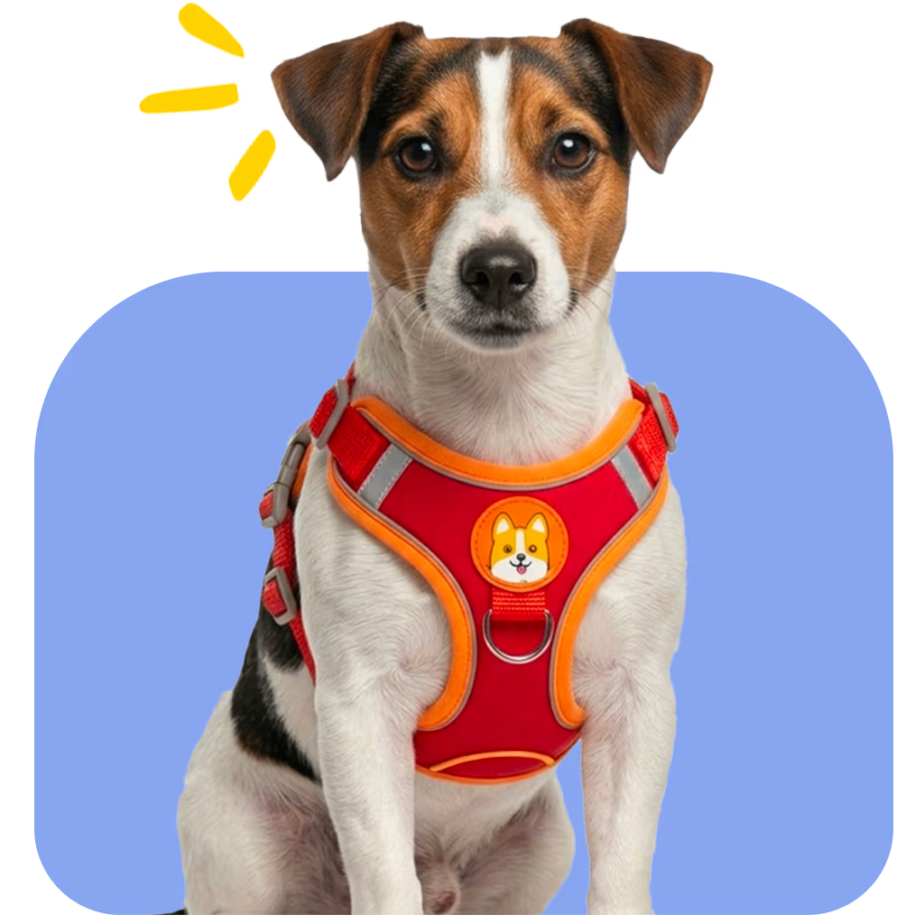 Jack Russell Terrier wearing a red no-pull harness with reflective straps