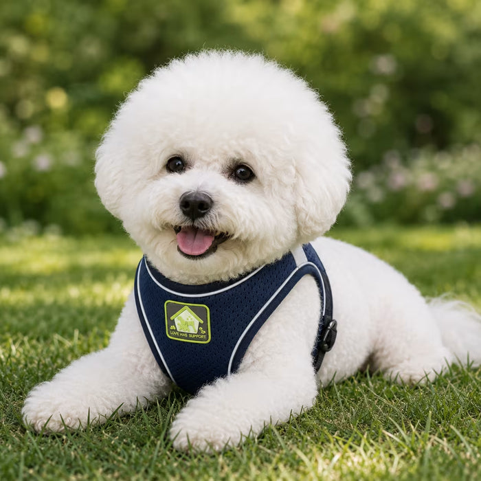 Bichon Frise wearing the BreezeVest Harness with a breathable step-in fit and easy, secure everyday wear on the grass