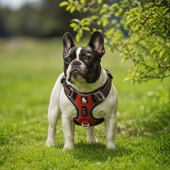 French Bulldog wearing the CoreControl Harness with broad chest coverage and secure adjustment for a steady, balanced everyday fit