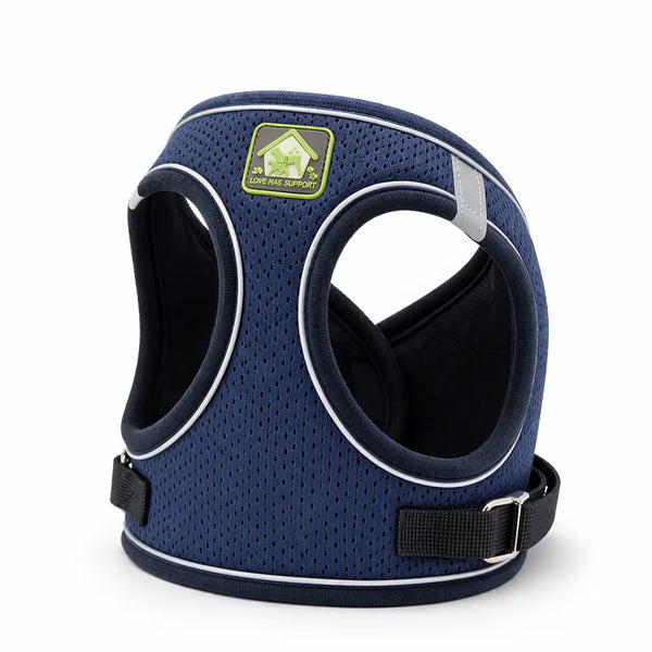 Dark blue mesh vest harness with reflective trim for small dogs