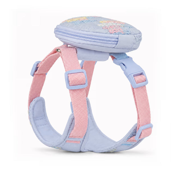 PocketCharm Harness in blue with embroidered pouch and pink straps, flat lay product shot