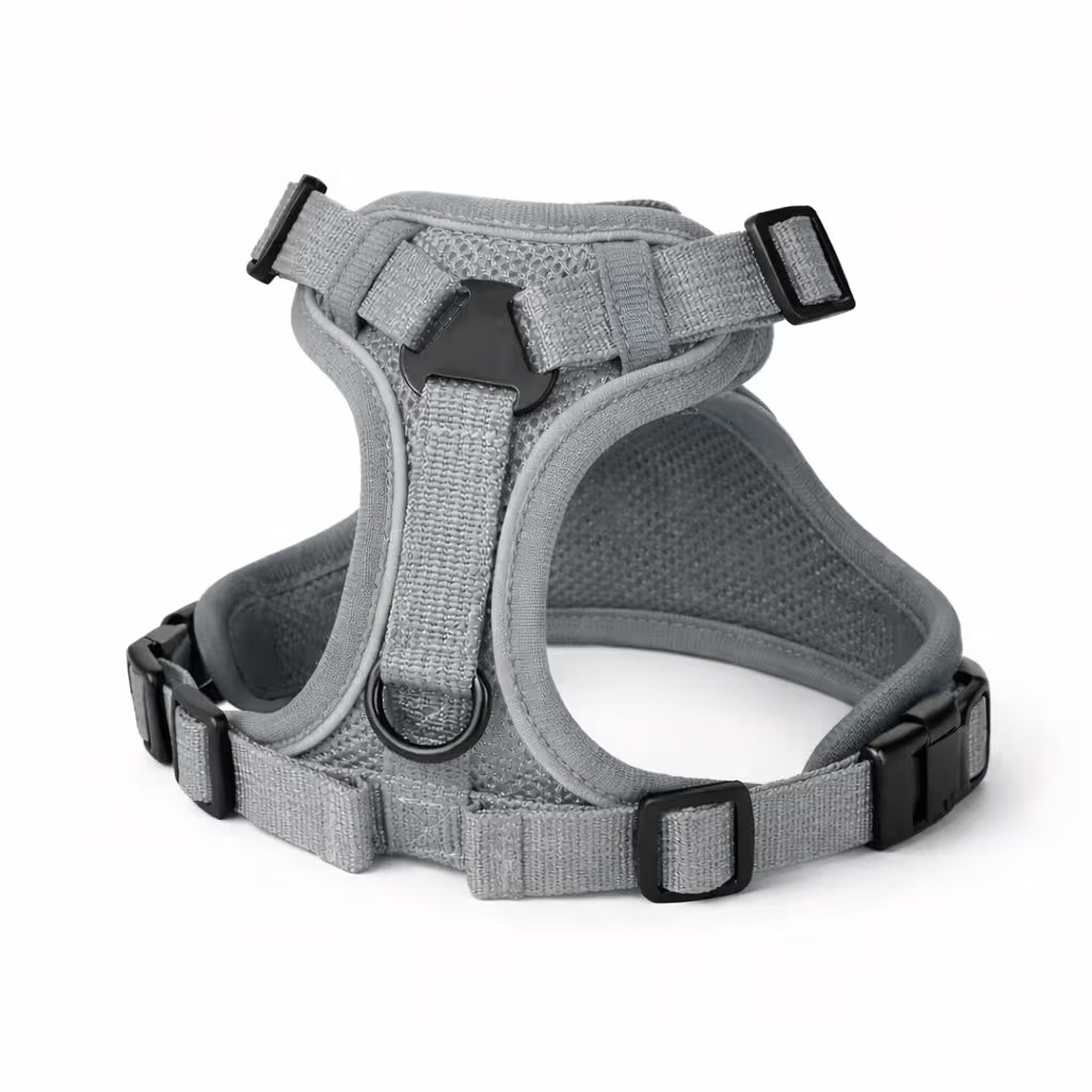 Grey mesh harness with adjustable straps and front D-ring for small dogs