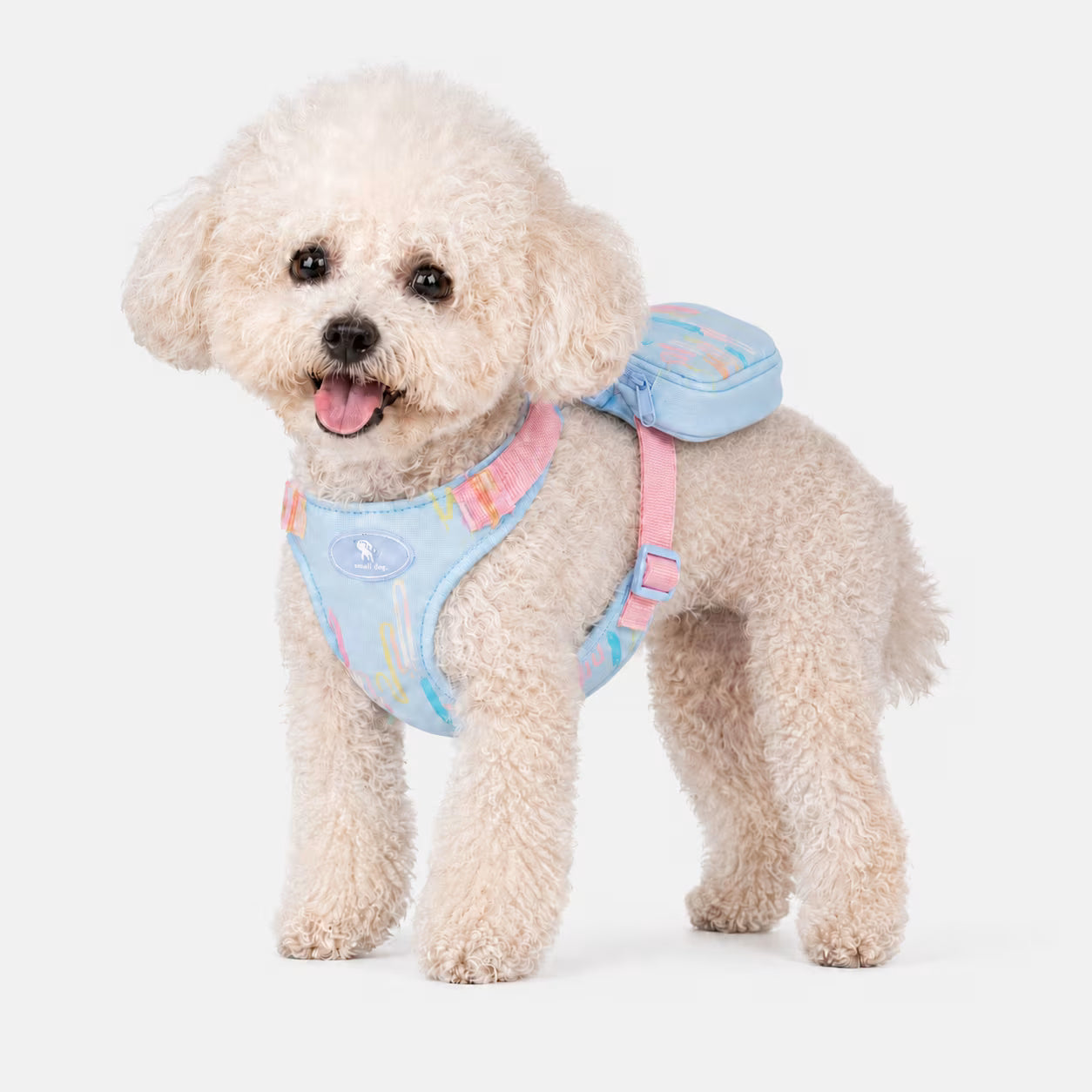 Bichon Frise standing in the PocketCharm Harness in pastel blue, signature mini back pouch visible on top.