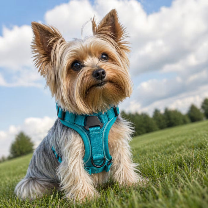 Yorkshire Terrier wearing the SecureFit Harness with a closer body fit and secure adjustment for steady everyday support