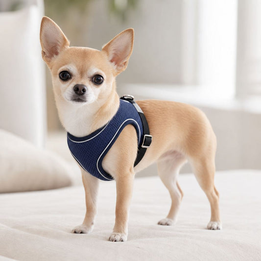 Chihuahua standing calmly on a cream surface wearing a correctly fitted small dog harness, front structure and body strap visible in position.