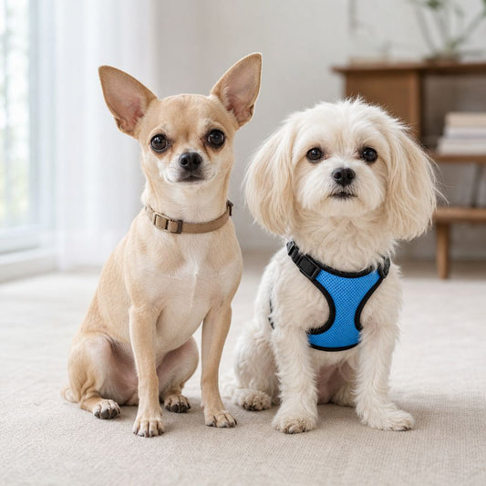 Chihuahua wearing a flat collar beside a Maltese wearing a fitted chest harness, illustrating the harness versus collar comparison for small dogs.