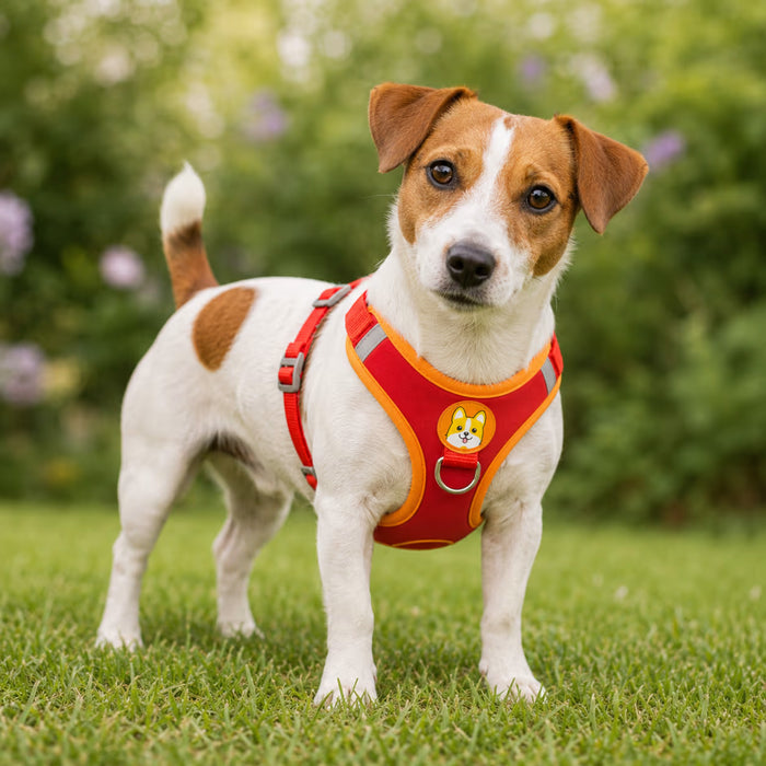Jack Russell Terrier wearing the ActiveSupport Harness with no-pull chest support and a secure, active fit on the grass