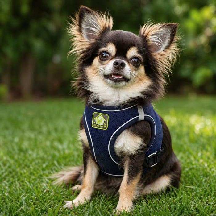 Chihuahua wearing the BreezeVest Harness with lightweight wrap coverage and a scaled fit designed for tiny builds