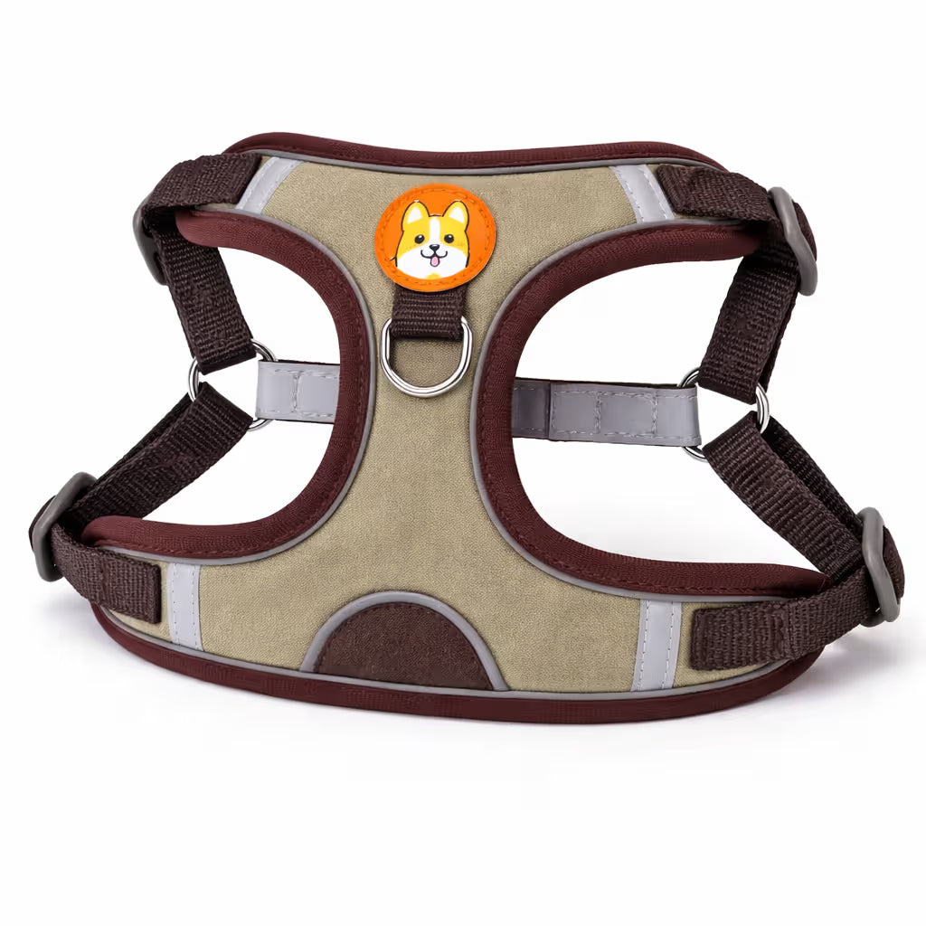 Brown padded harness with adjustable straps and back D-ring for small dogs