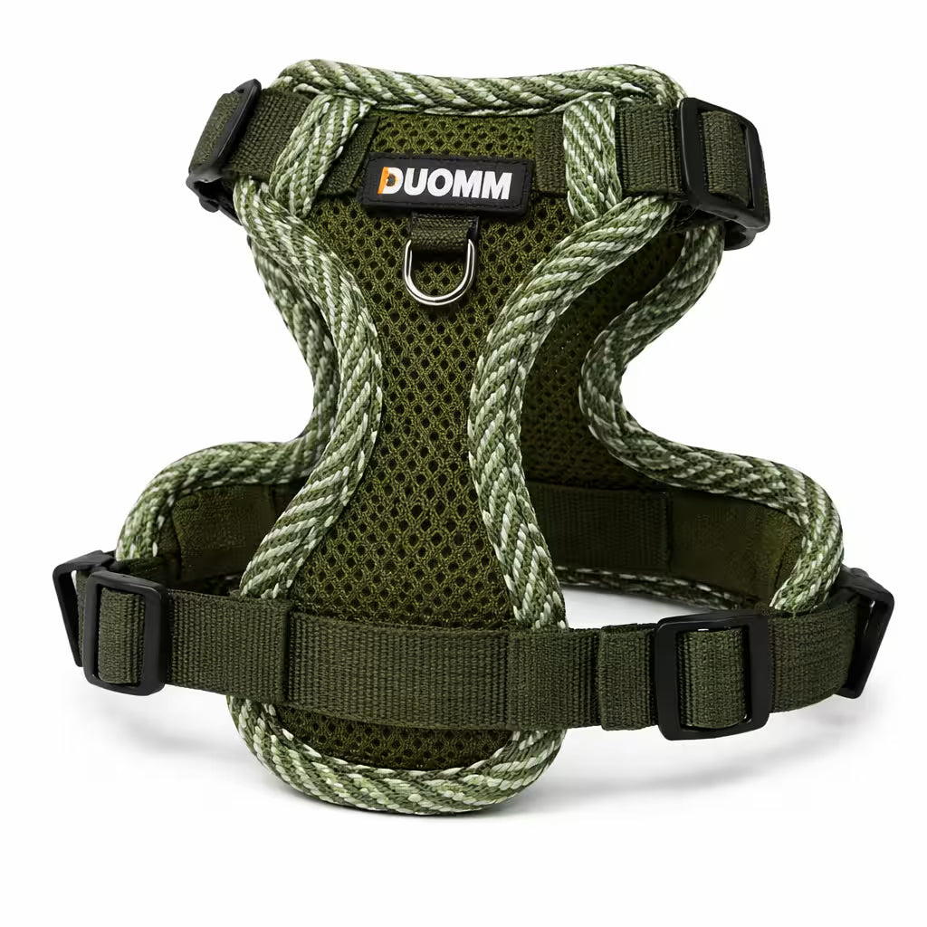 Green mesh harness with rope trim and adjustable straps for small dogs
