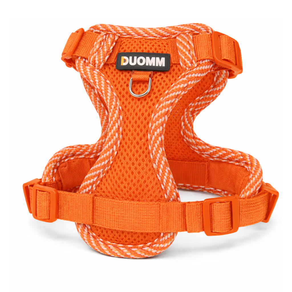 Orange mesh harness with rope trim and adjustable straps for small dogs