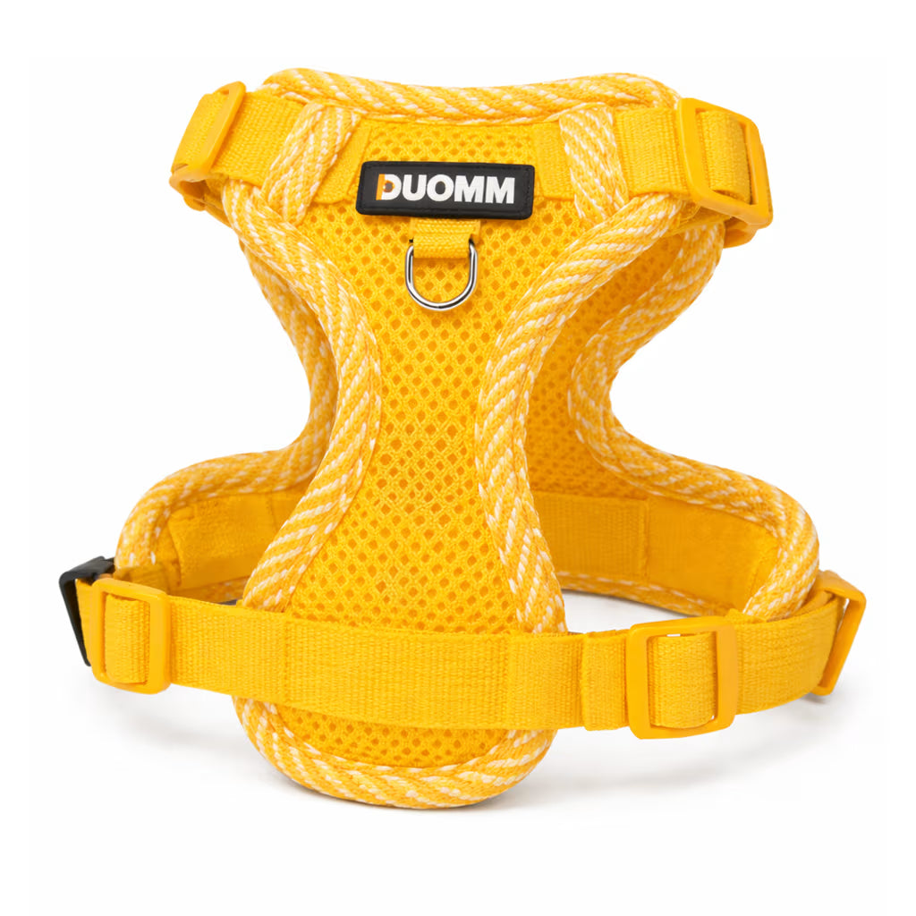 Yellow mesh harness with rope trim and adjustable straps for small dogs