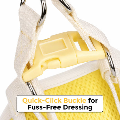 BloomBow Harness in cream and yellow close-up showing quick-click buckle for fuss-free dressing