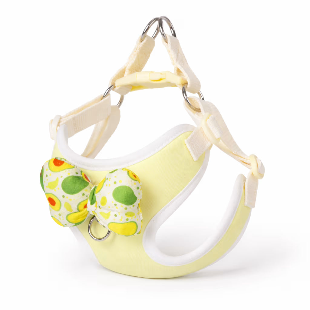 Green bow harness with adjustable straps and padded trim for small dogs