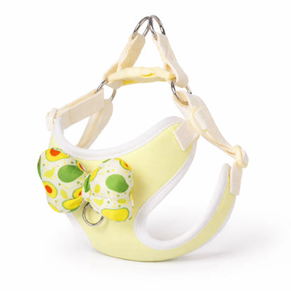 Green bow harness with adjustable straps and padded trim for small dogs