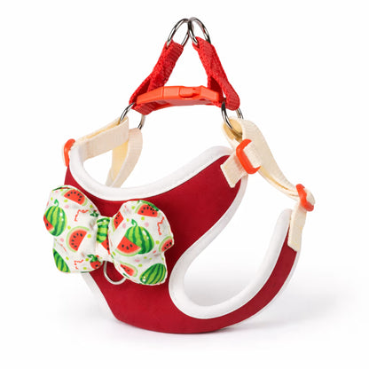 Red bow harness with adjustable straps and padded trim for small dogs