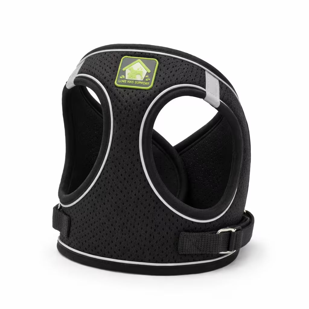 Black mesh vest harness with reflective trim for small dogs