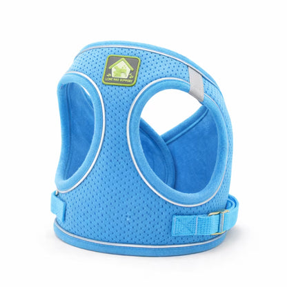 Blue mesh vest harness with reflective trim for small dogs
