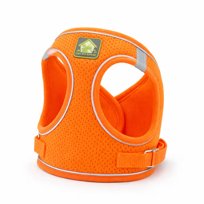 Orange mesh vest harness with reflective trim for small dogs