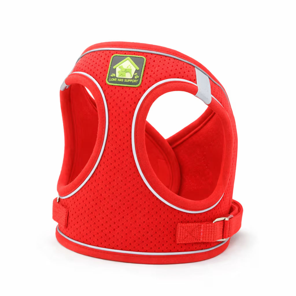 Red mesh vest harness with reflective trim for small dogs