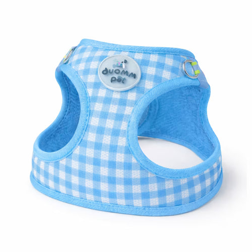 Blue gingham vest harness with soft padded trim for small dogs