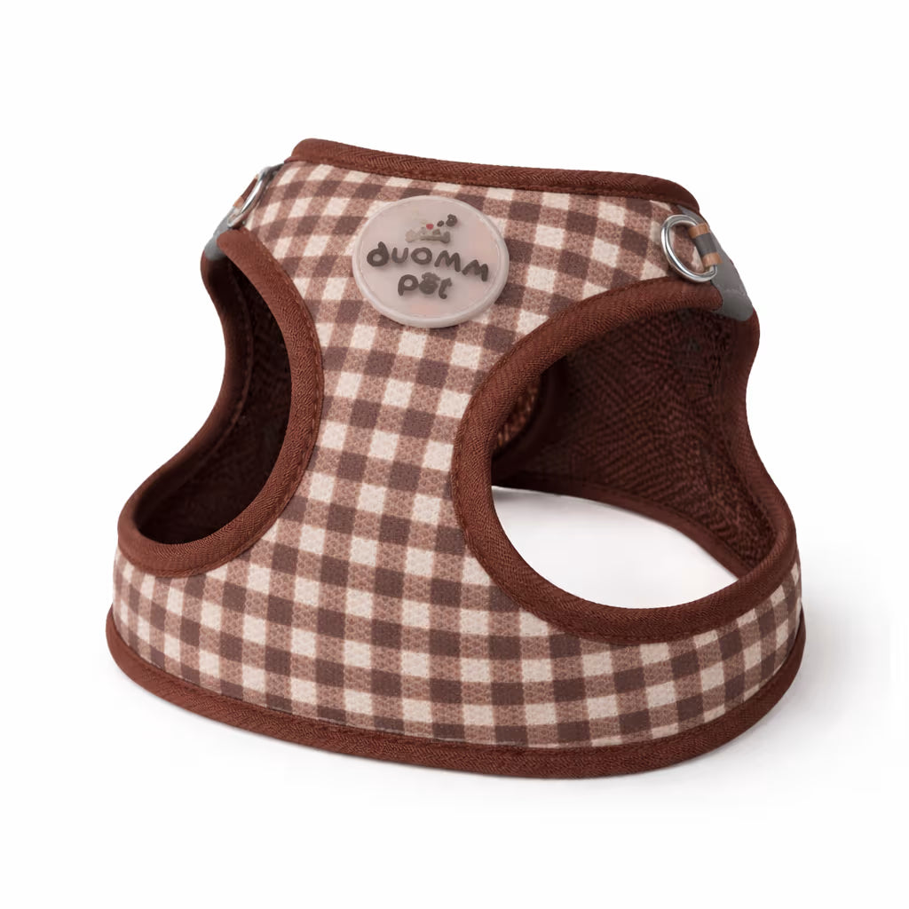 Brown gingham vest harness with soft padded trim for small dogs