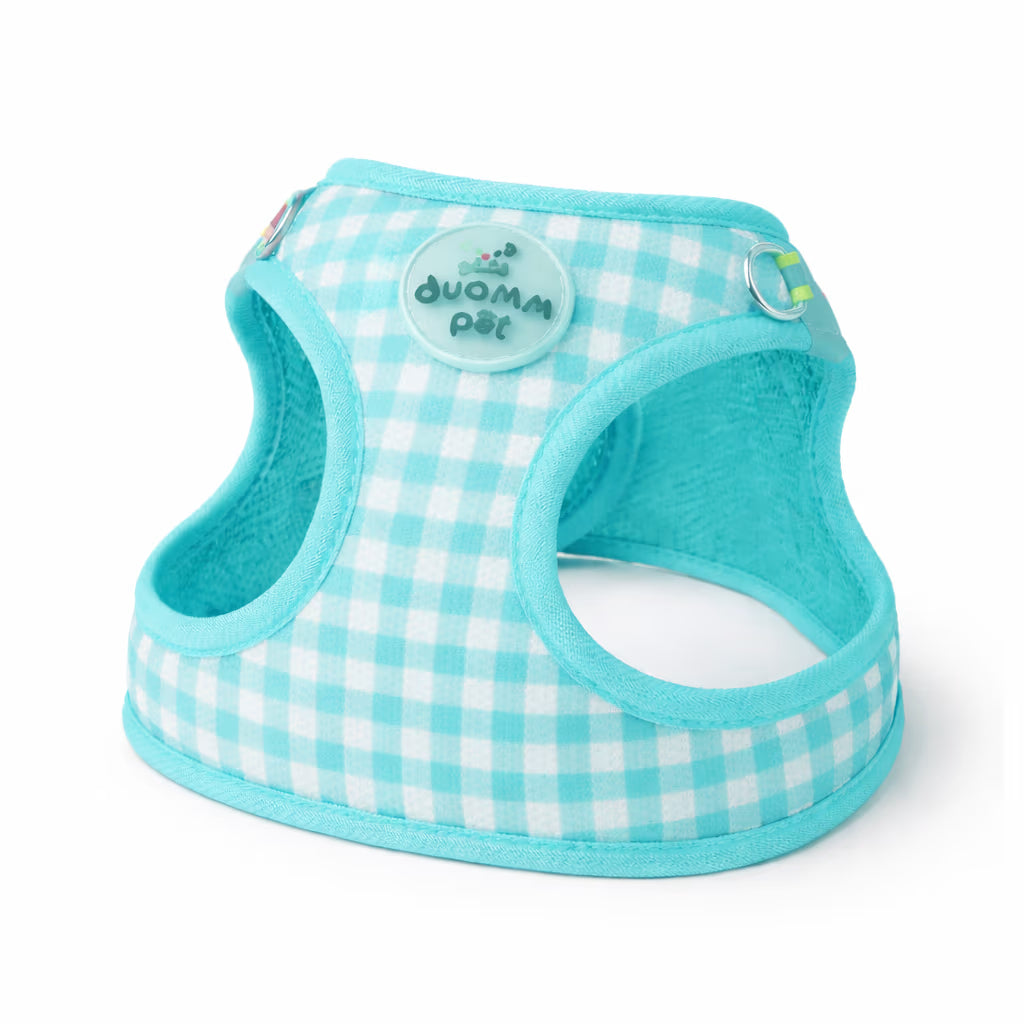 Cyan gingham vest harness with soft padded trim for small dogs