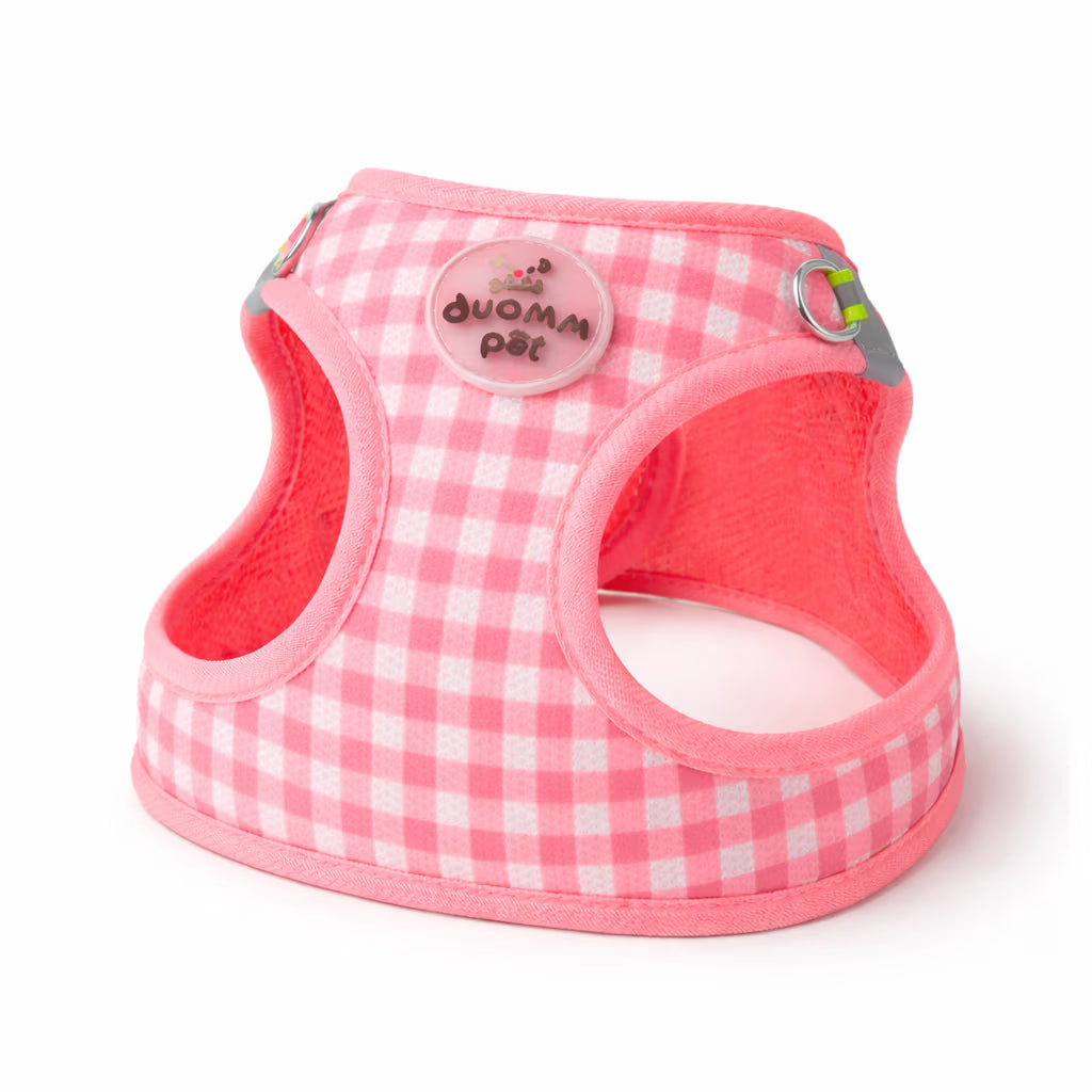 Pink gingham vest harness with soft padded trim for small dogs