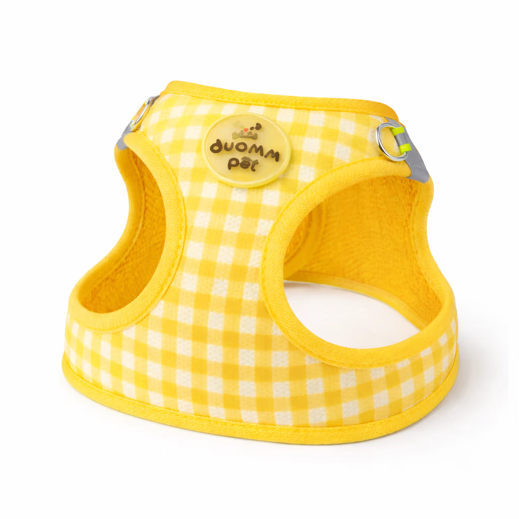 Yellow gingham vest harness with soft padded trim for small dogs