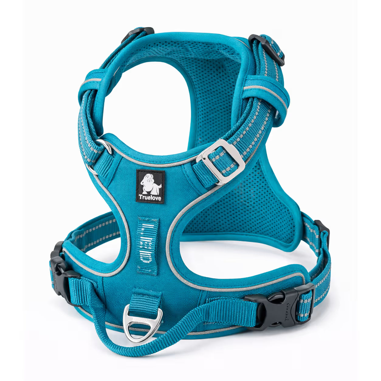 Blue padded harness with adjustable straps and front D-ring for small dogs