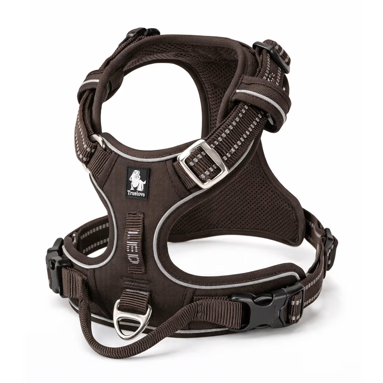 Brown padded harness with adjustable straps and front D-ring for small dogs