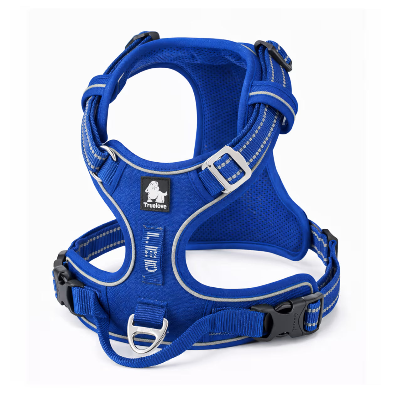 Dark blue padded harness with adjustable straps and front D-ring for small dogs