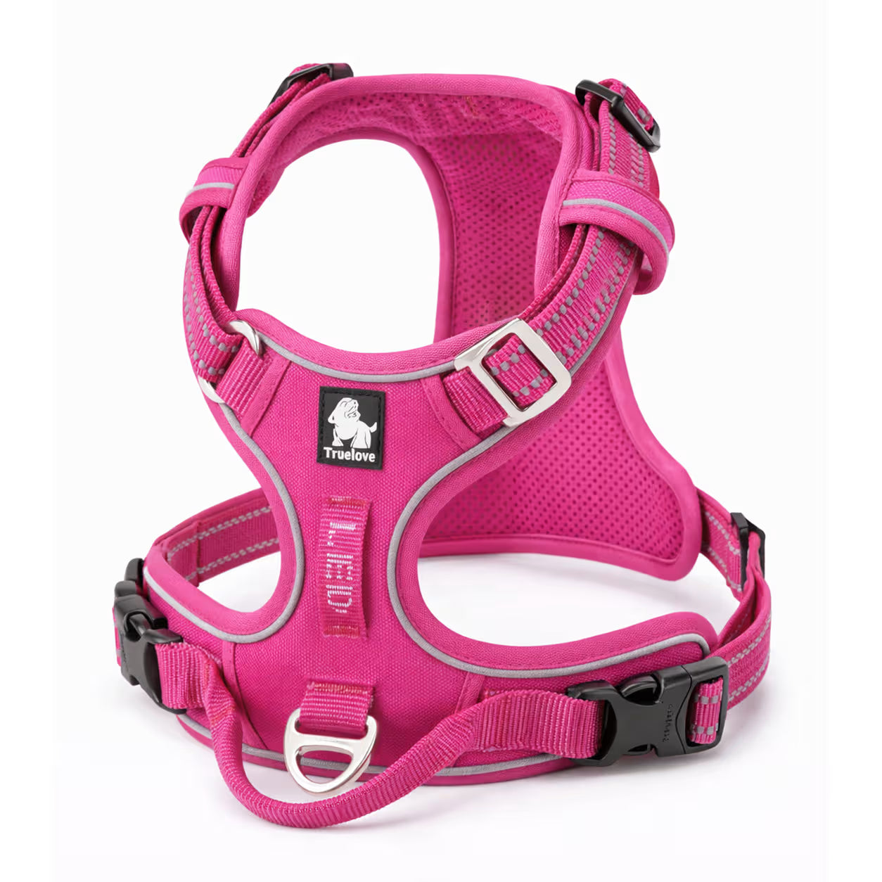 Pink padded harness with adjustable straps and front D-ring for small dogs