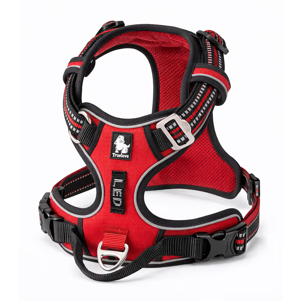 Red padded harness with adjustable straps and front D-ring for small dogs
