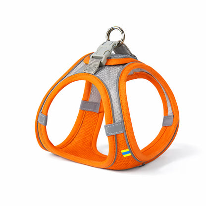 Orange mesh vest harness with reflective trim and top ring for small dogs