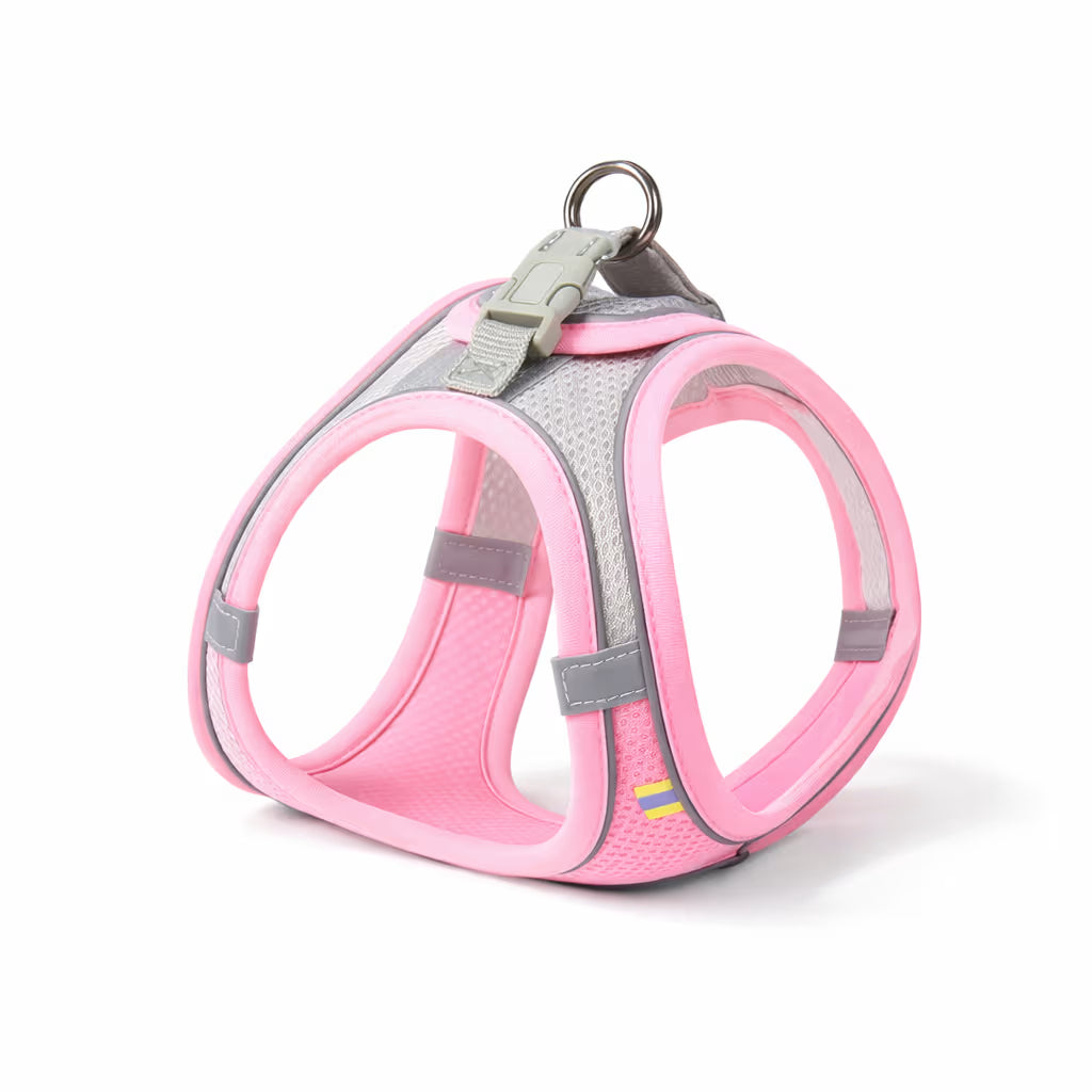 Pink mesh vest harness with reflective trim and top ring for small dogs
