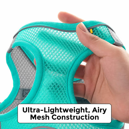 Hand holding the teal EasyMesh harness fabric, showing its ultra-lightweight, airy mesh construction