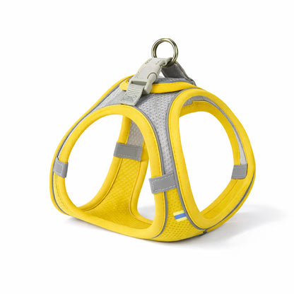 Yellow mesh vest harness with reflective trim and top ring for small dogs