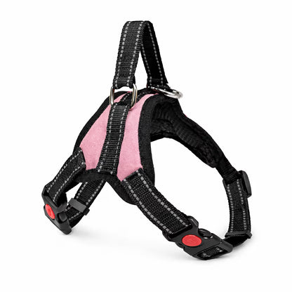 Pink strap harness with padded chest panel and top handle for small dogs