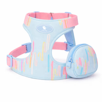 Blue harness with side pocket and adjustable straps for small dogs