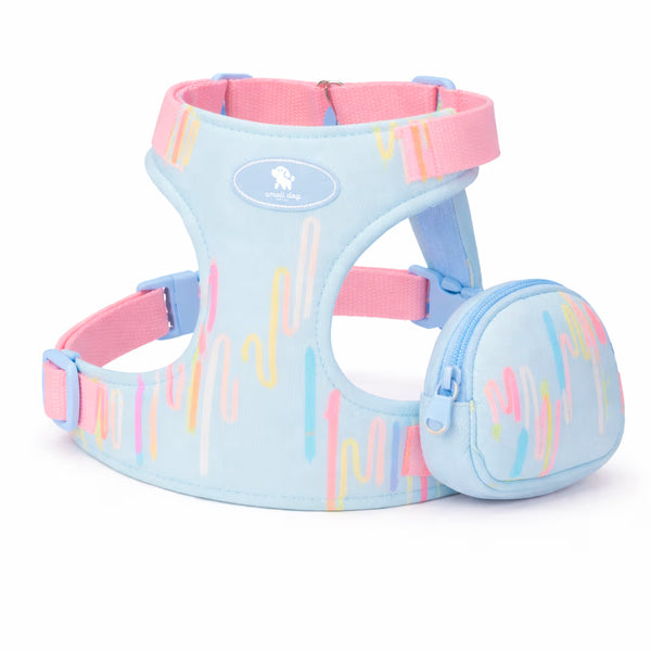 Blue harness with side pocket and adjustable straps for small dogs