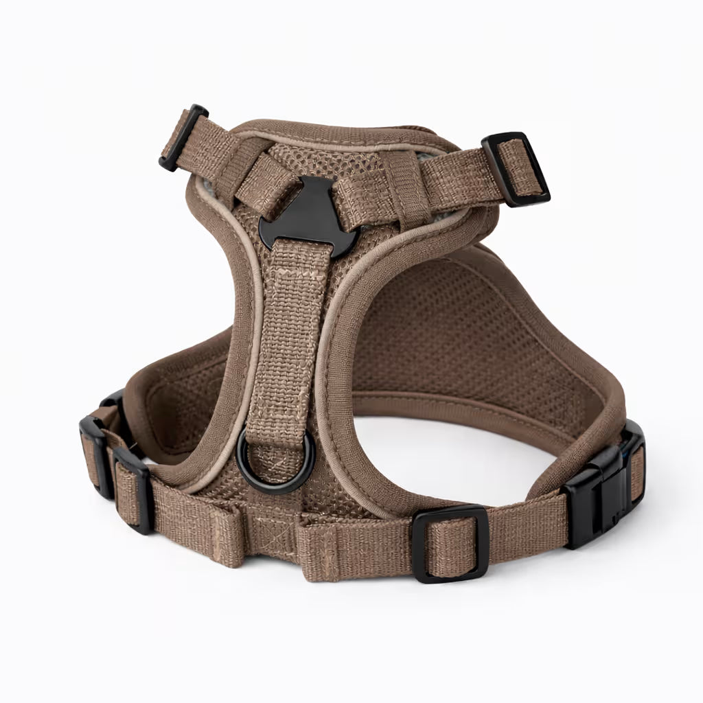 Brown mesh harness with adjustable straps and front D-ring for small dogs