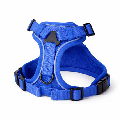 Dark blue mesh harness with adjustable straps and front D-ring for small dogs