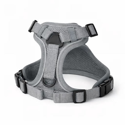 Grey mesh harness with adjustable straps and front D-ring for small dogs