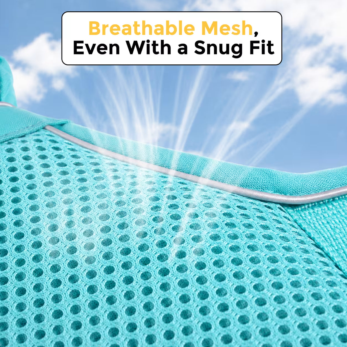 Close-up of the teal SecureFit harness breathable mesh fabric, showing airflow even with a snug fit