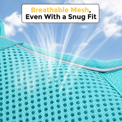 Close-up of the teal SecureFit harness breathable mesh fabric, showing airflow even with a snug fit