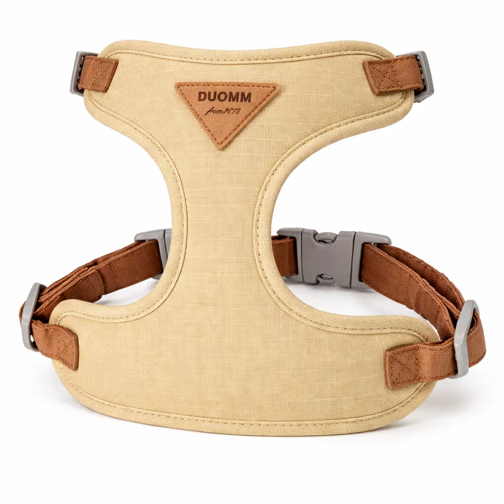 Beige padded wrap harness with adjustable straps for small dogs