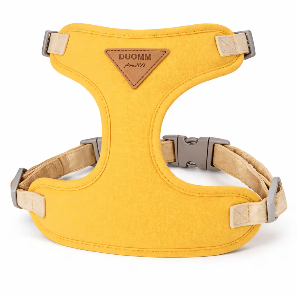 Yellow padded wrap harness with adjustable straps for small dogs