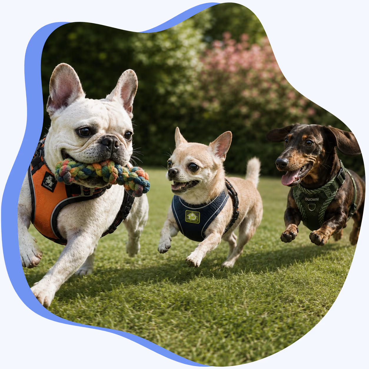 French Bulldog, Chihuahua and Dachshund running and playing outdoors, each wearing a small dog harness fitted to its breed